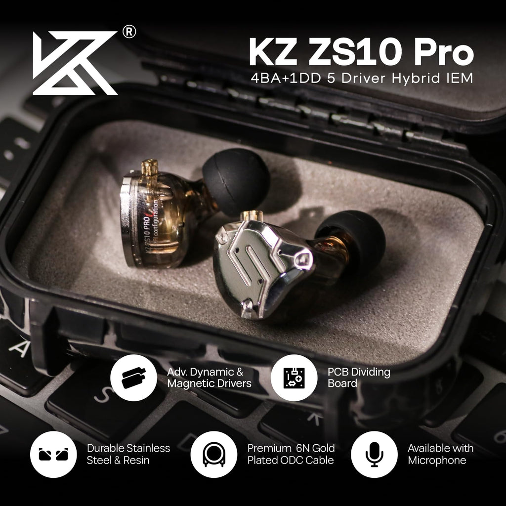 لينسول KZ ZS10 Pro، سماعات أذن داخلية مزودة بـ 4 محركات BA و1 محرك DD، سماعات سلكية هاي فاي، سماعات ألعاب، سماعات IEM هجينة مع لوحة وجه من الفولاذ المقاوم للصدأ، كابل قابل للفصل للموسيقيين (بدون ميكروفون، أسود)