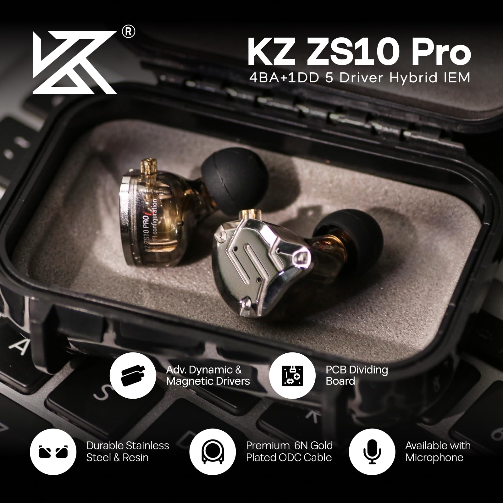 لينسول KZ ZS10 Pro، سماعات أذن داخلية مزودة بـ 4 محركات BA و1 محرك DD، سماعات سلكية هاي فاي، سماعات ألعاب، سماعات IEM هجينة مع لوحة وجه من الفولاذ المقاوم للصدأ، كابل قابل للفصل للموسيقيين (بدون ميكروفون، أسود)
