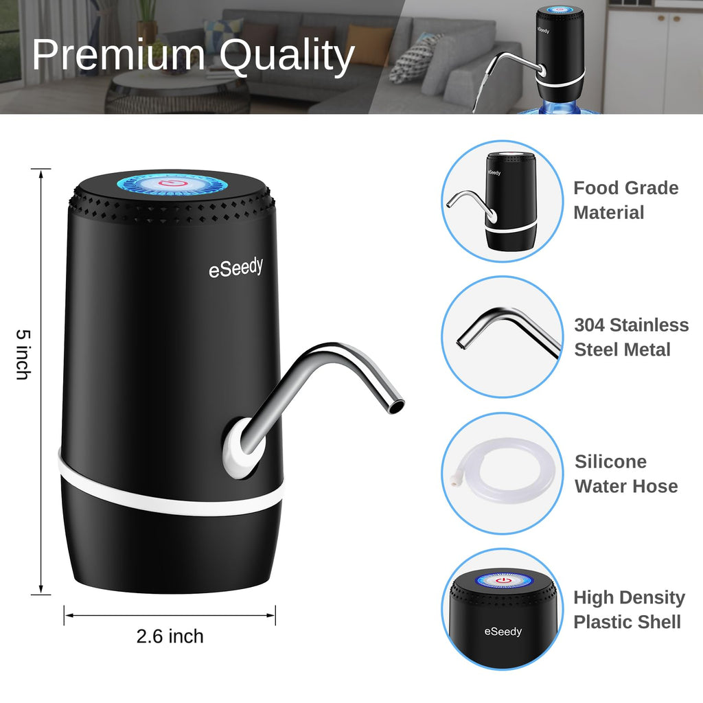 Black water pump dispenser with curved spout and silicone hose, compact countertop size
