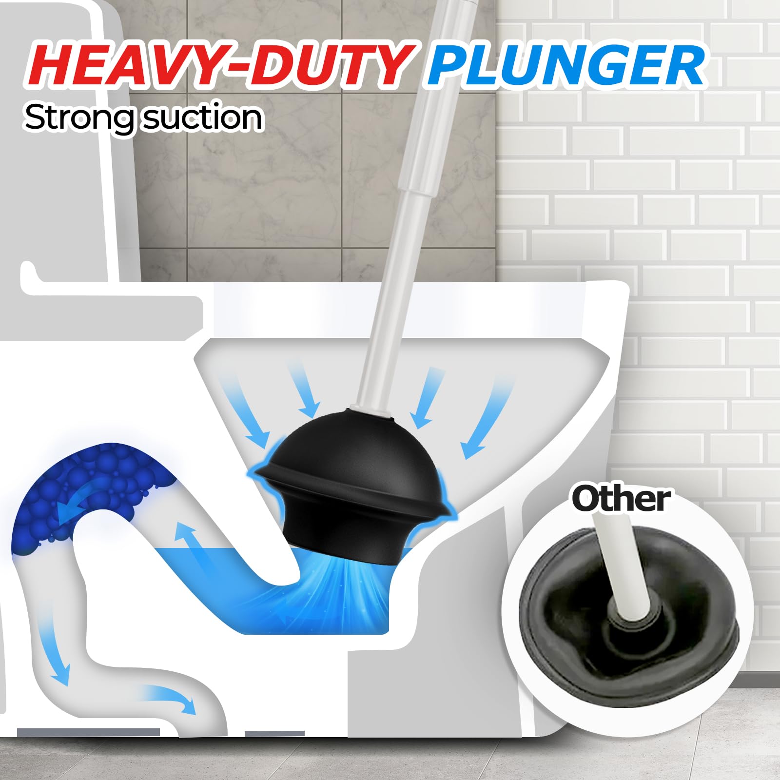 FORASTO 2 in 1 Toilet Plunger and Brush Set，Extended Handle Plunger，Toilet Bowl Brush Plunger Set, Bathroom Cleaning Tools ，Toilet Brush Plunger Combo，Cleaning Brush，Bathroom Cleaning Supplies