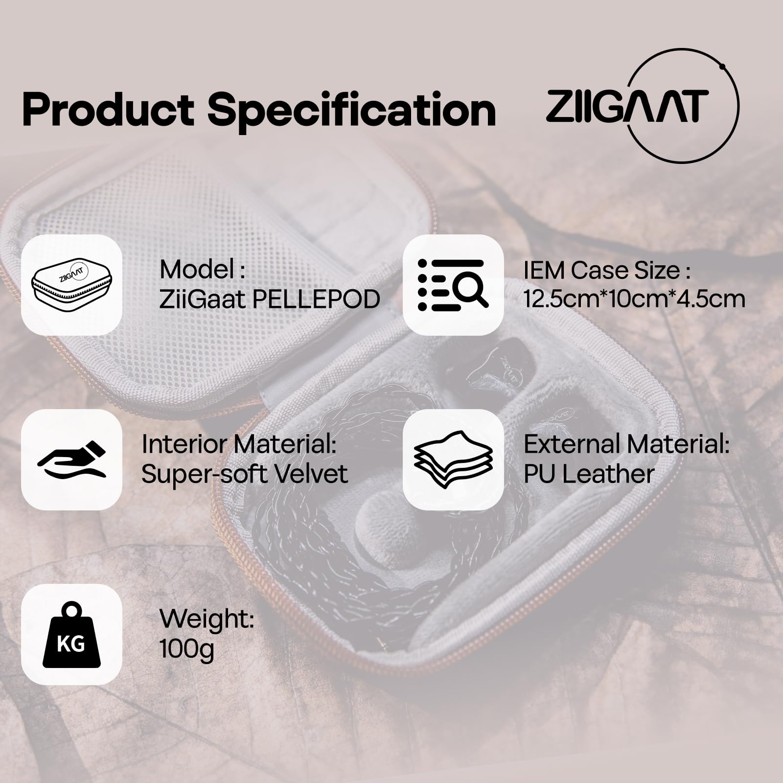 Light gray mesh-lined earbud case with PU leather shell and zipper closure