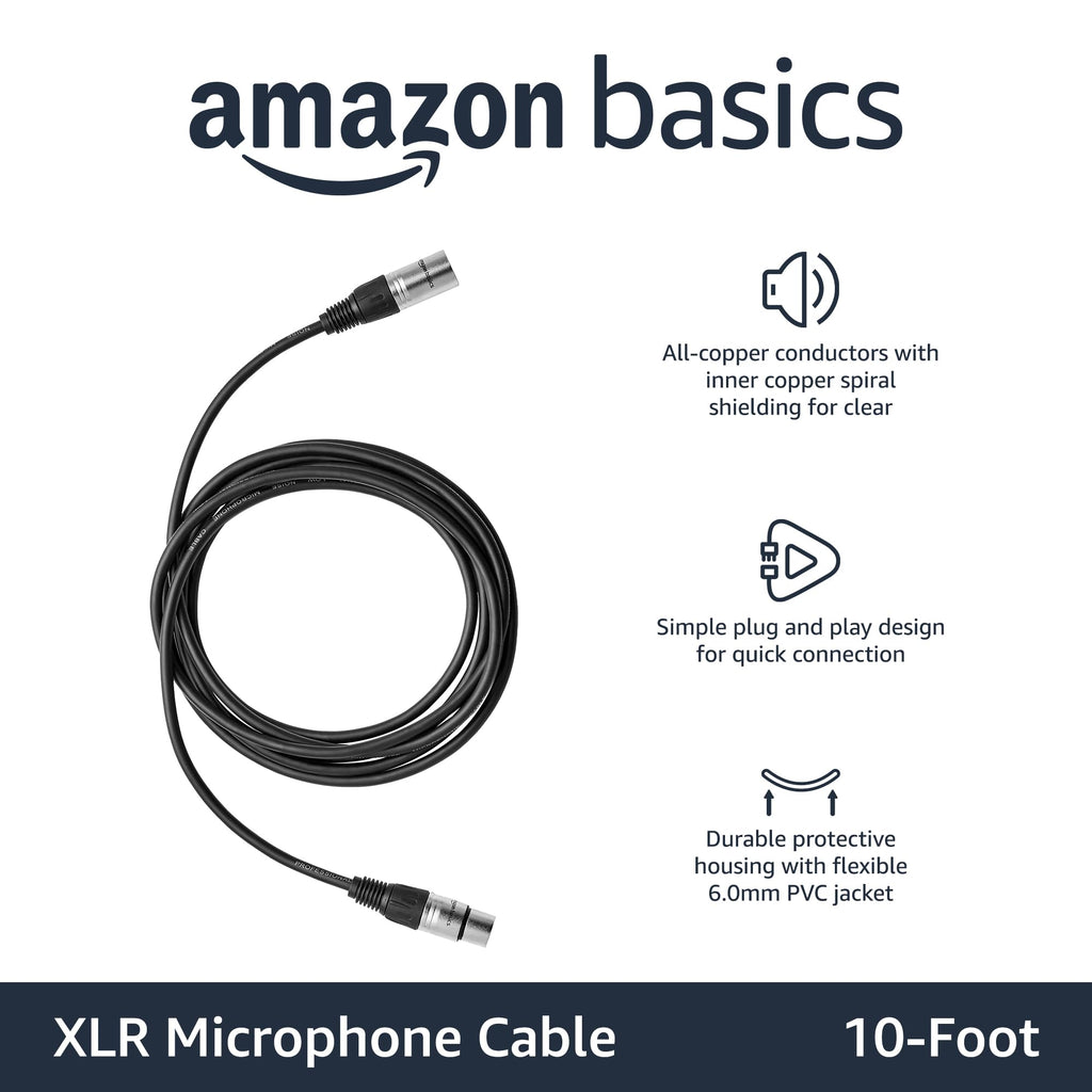 Amazon Basics XLR公对母麦克风电缆，适用于扬声器或公共广播系统、录音棚，全铜导体，低噪声屏蔽，6毫米PVC护套，6英尺，黑色