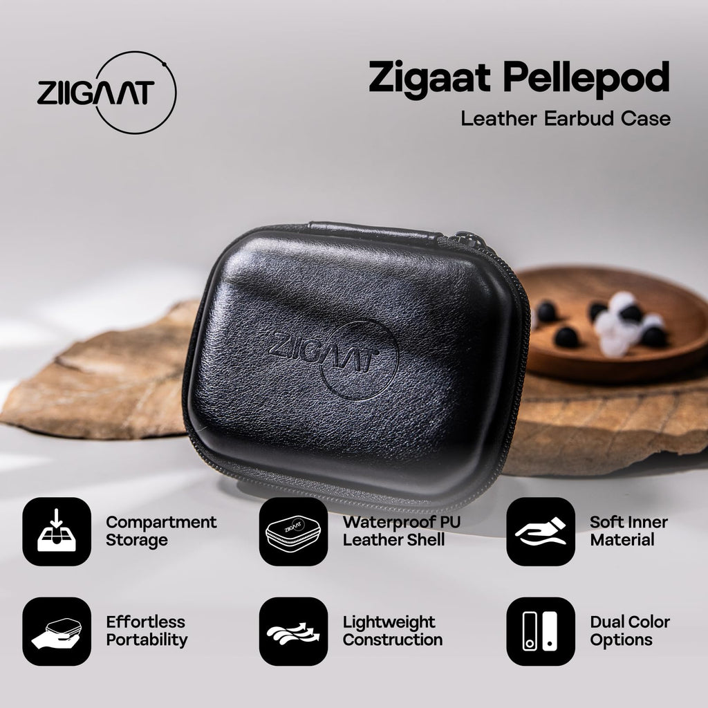Black leather earbud case with zipper and embossed brand logo on front