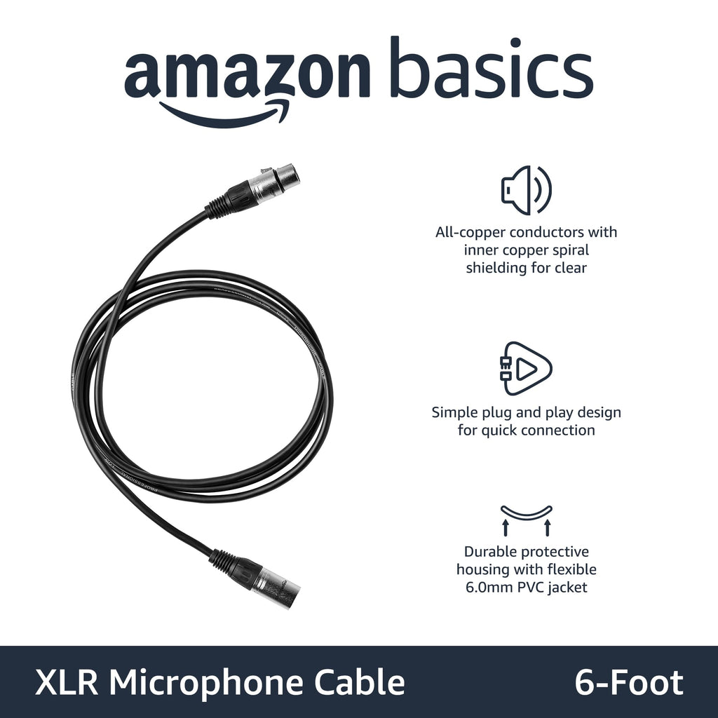 Amazon Basics XLR公对母麦克风电缆，适用于扬声器或公共广播系统、录音棚，全铜导体，低噪声屏蔽，6毫米PVC护套，6英尺，黑色