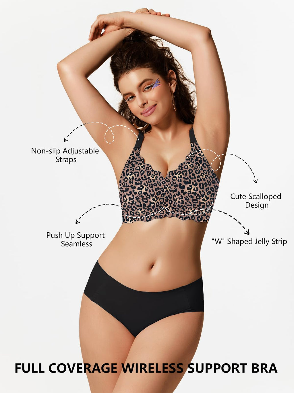 Wireless full-coverage scalloped bralette in leopard print with adjustable non-slip straps