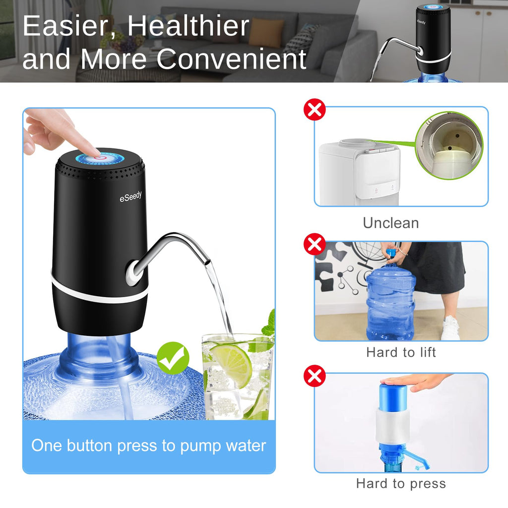 Black electric water dispenser pump with curved spout and hose, dispensing drinking water