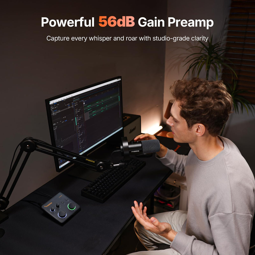 MAONO USB音频接口适用于PC：带XLR输入、24位/192kHz路由软件、LOOPBACK、ASIO驱动，适用于录音、家庭工作室、吉他、播客、直播、DAW（PS22 Lite 黑）