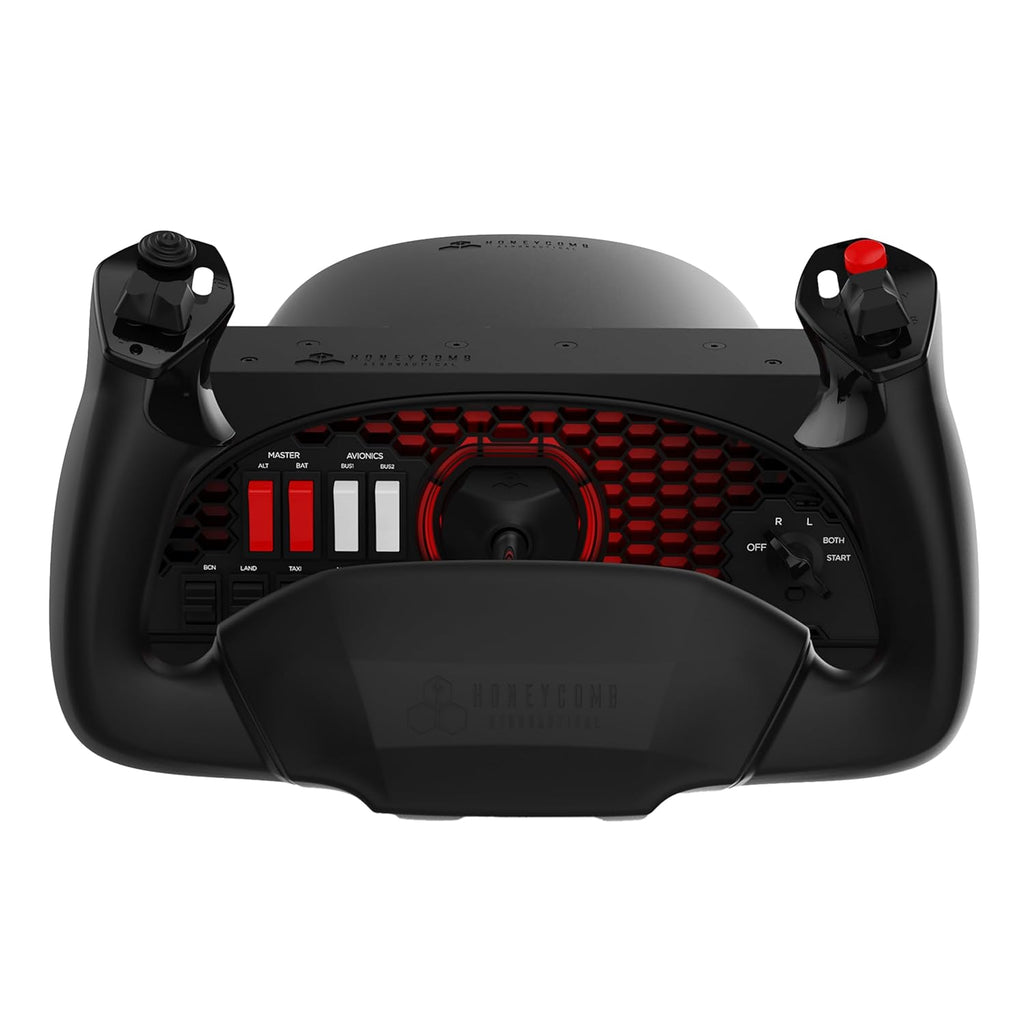 Honeycomb Alpha Flight Controls Yoke & Switch Panel — Flight Simulator Yoke w/ 180° Rotation, Steel Shaft, Ignition Switch, Fully-Equipped Handles, Dual Mounting — Compatible w/PC & Mac