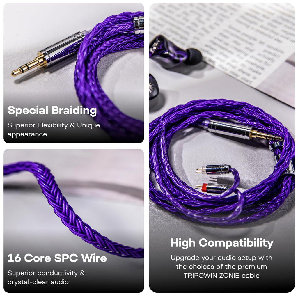Linsoul Tripowin Zonie IEM Cable, 16 Core Silver Plated Earphone Upgraded Cords, 1.25m SPC in Ear Monitor Cable for 7hz Zero:2 Orchestra Lite Cadenza Hype4 Supermix4(2pin 0.78mm, 3.5mm)(Violet)