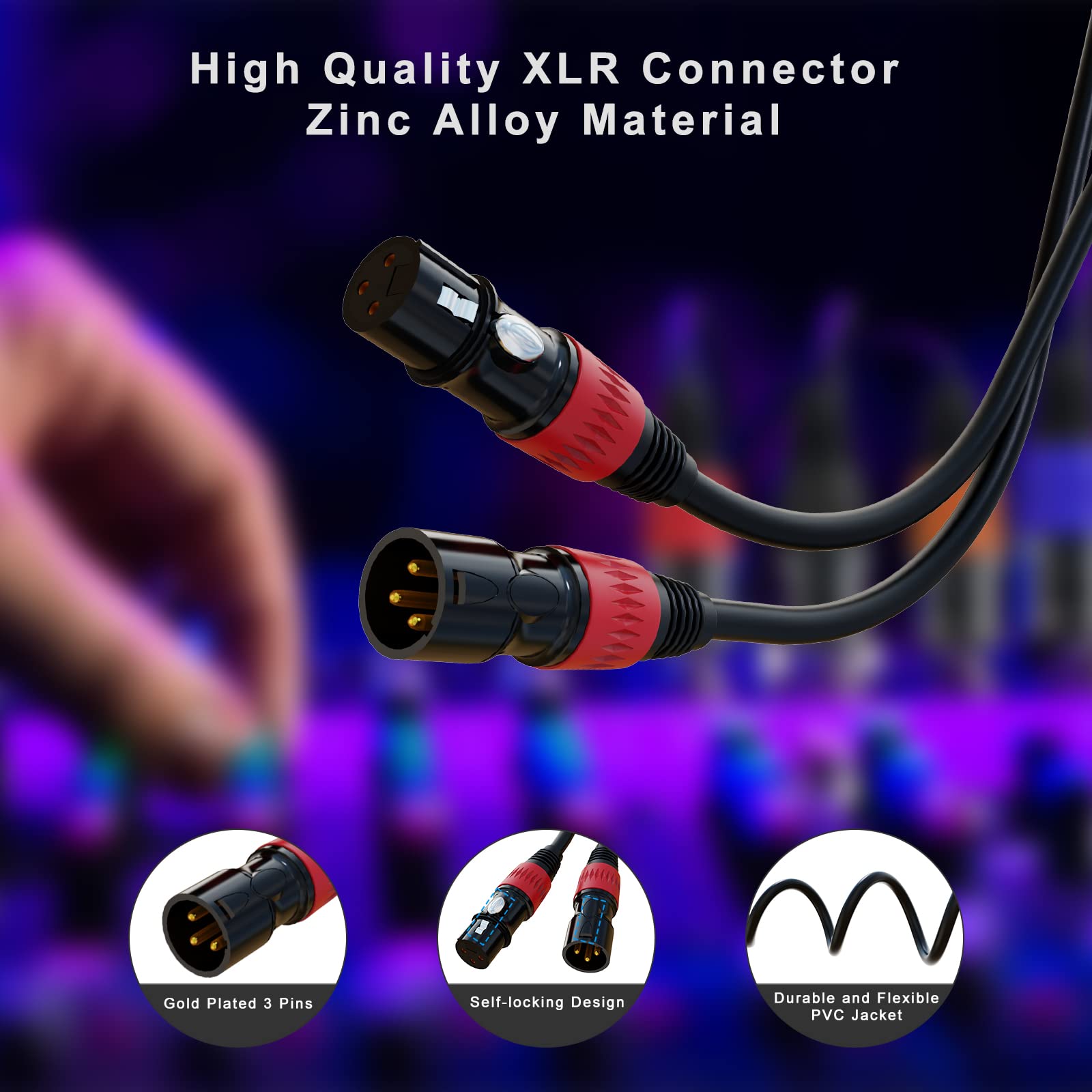 XLR 连接线，XLR 麦克风线 25 英尺 6 条装，镀金 3 针 XLR 音箱线公对母平衡麦克风线