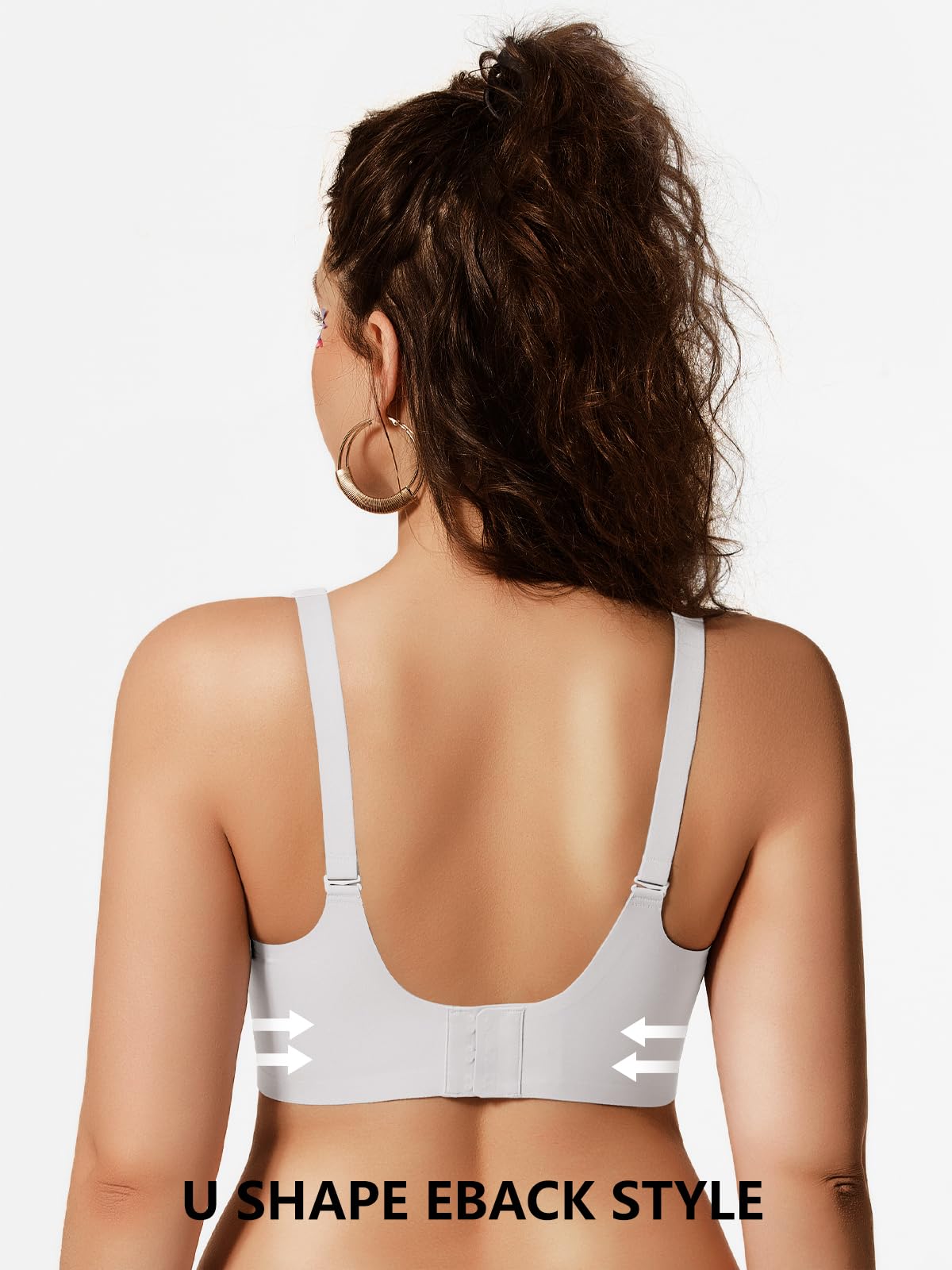 Back view of white wireless bra with adjustable straps and U-shaped back