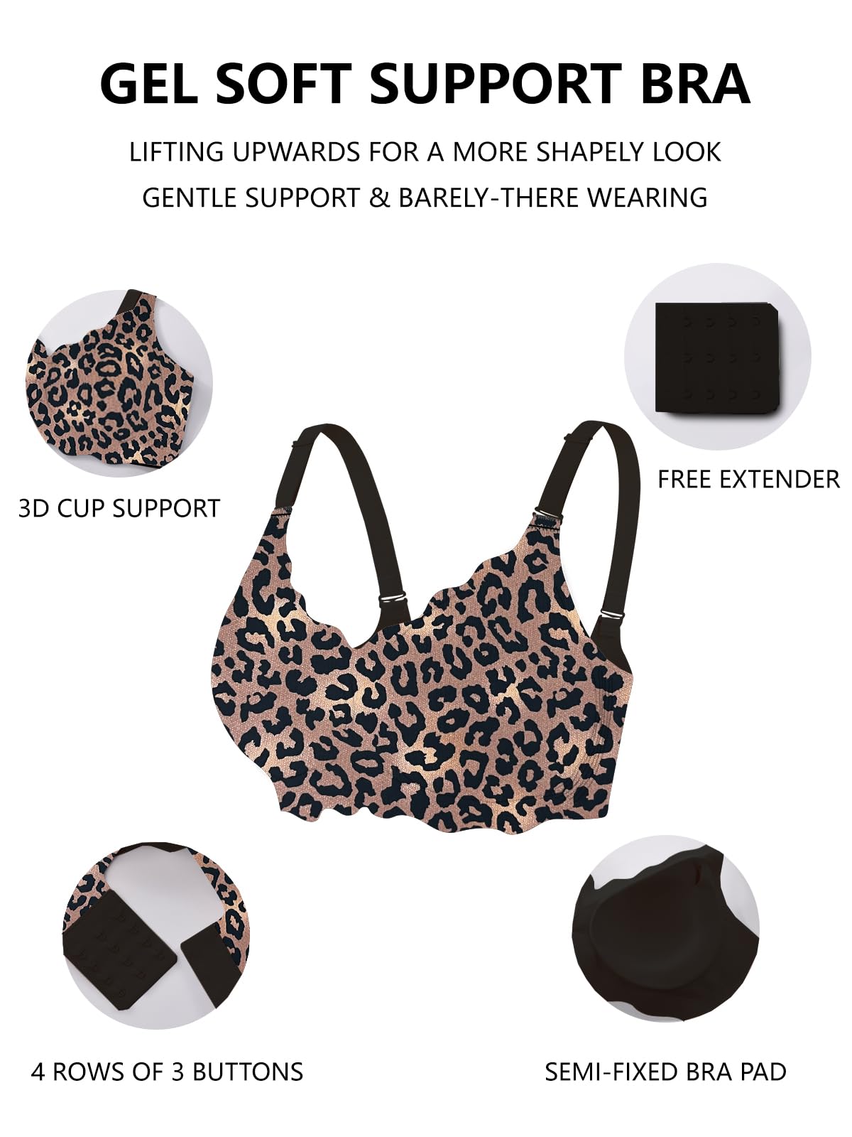 Black leopard wireless bralette with scalloped cups and adjustable straps