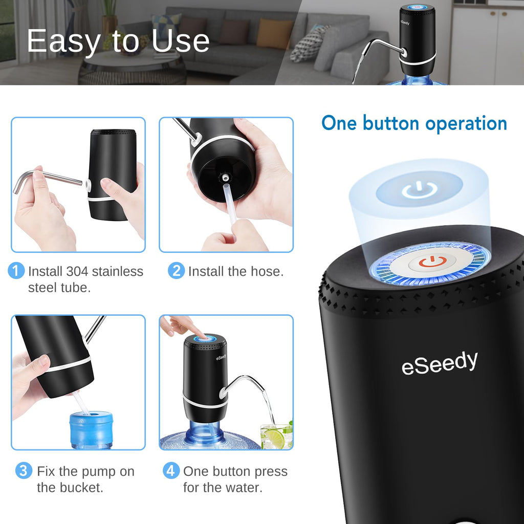 Black water pump dispenser with top control, curved spout, and attached hose