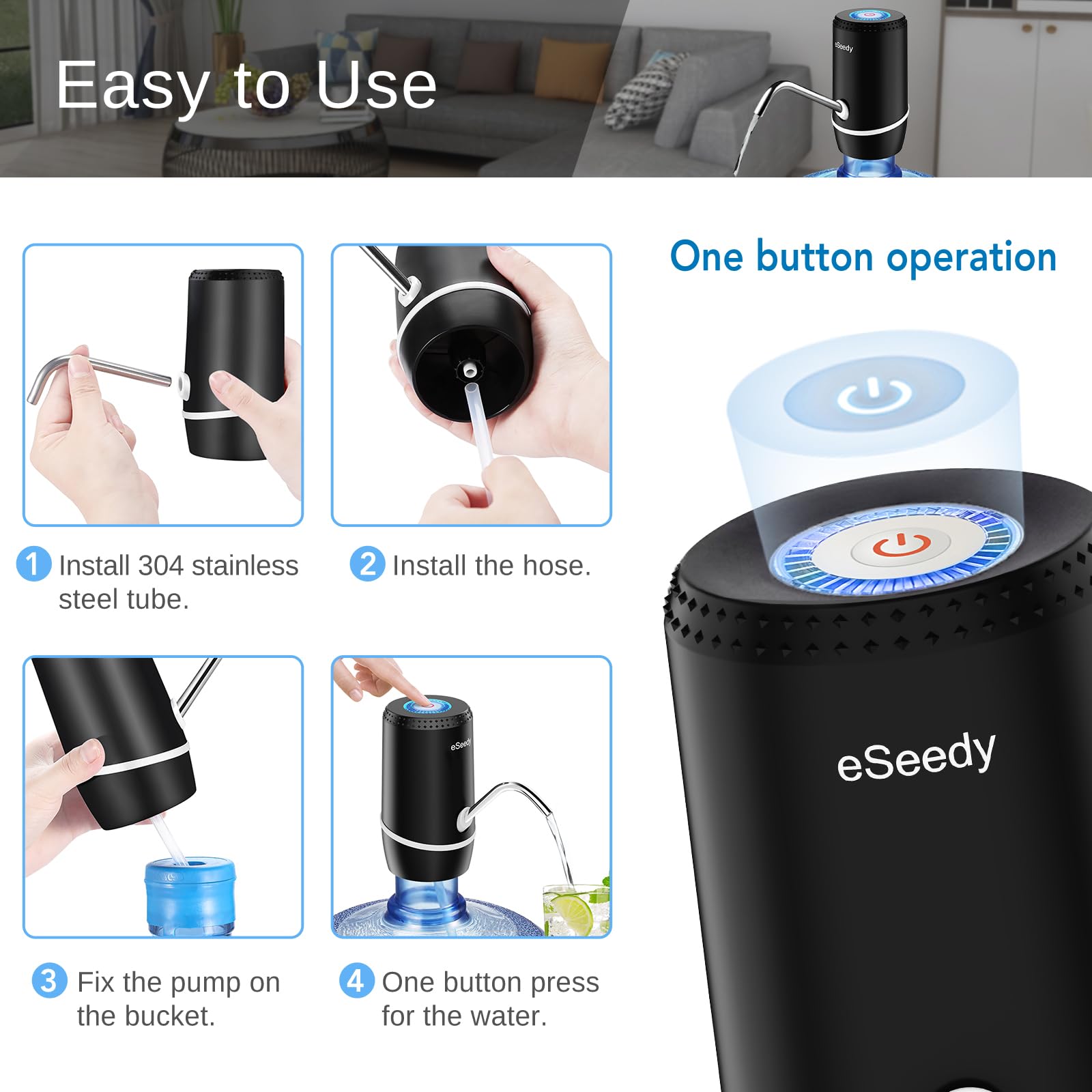 Black water pump dispenser with top control, curved spout, and attached hose