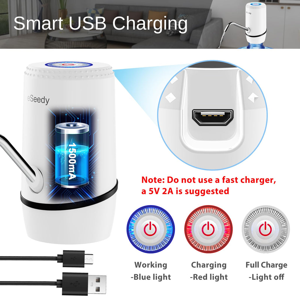 White USB-rechargeable water pump with charging port and power indicator lights