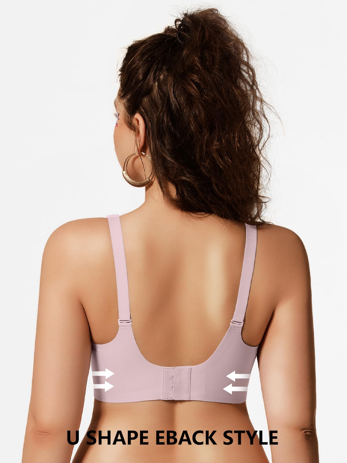 Pink wireless bra back view with adjustable straps and U-shape back support