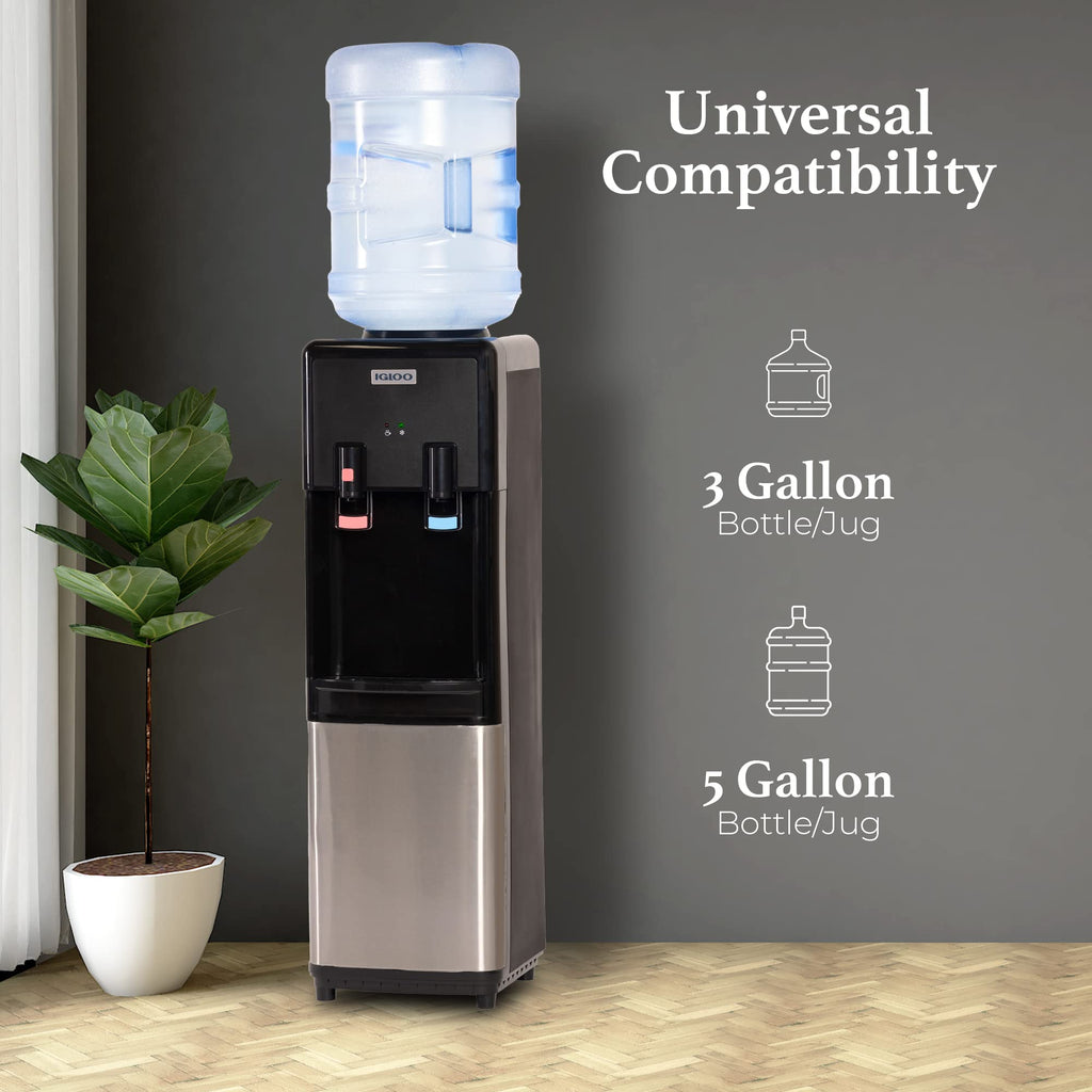 Igloo Top Loading Water Cooler with Removable Drip Tray & Energy-Saving Features- Water Tower with Hot & Cold Temperature Settings- Water Dispenser Fits 3 & 5-Gallon Jugs with Child Safety Lock- White