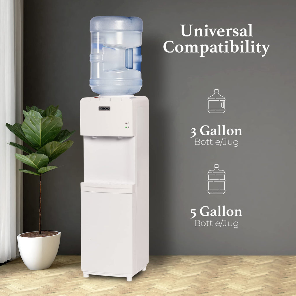 Igloo Top Loading Water Cooler with Removable Drip Tray & Energy-Saving Features- Water Tower with Hot & Cold Temperature Settings- Water Dispenser Fits 3 & 5-Gallon Jugs with Child Safety Lock- White