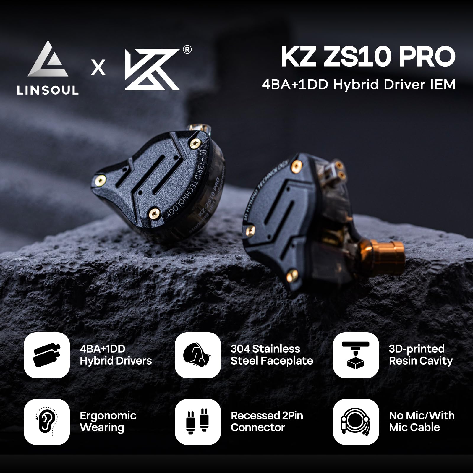 لينسول KZ ZS10 Pro، سماعات أذن داخلية مزودة بـ 4 محركات BA و1 محرك DD، سماعات سلكية هاي فاي، سماعات ألعاب، سماعات IEM هجينة مع لوحة وجه من الفولاذ المقاوم للصدأ، كابل قابل للفصل للموسيقيين (بدون ميكروفون، أسود)
