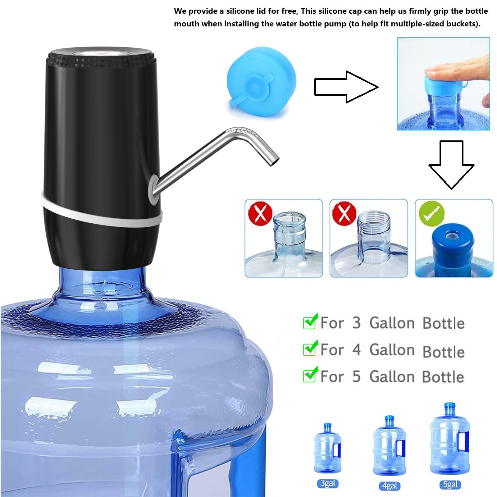 Myvision 2er-Pack elektrischer tragbarer 19-Liter-Wasserspender, universelle Micro-USB-Ladung Wasserflaschenpumpe, 11-19-Liter-Krug-Wasserspender mit Silikonkappe (2 Stück Modell 9)