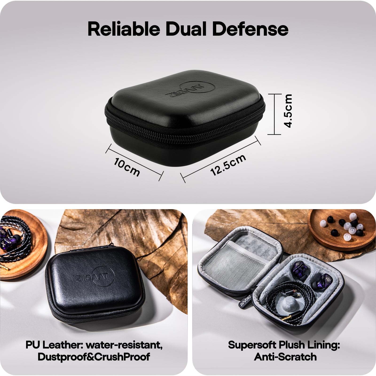 Black hard-shell IEM earbud storage case with zip, textured finish, compact square shape