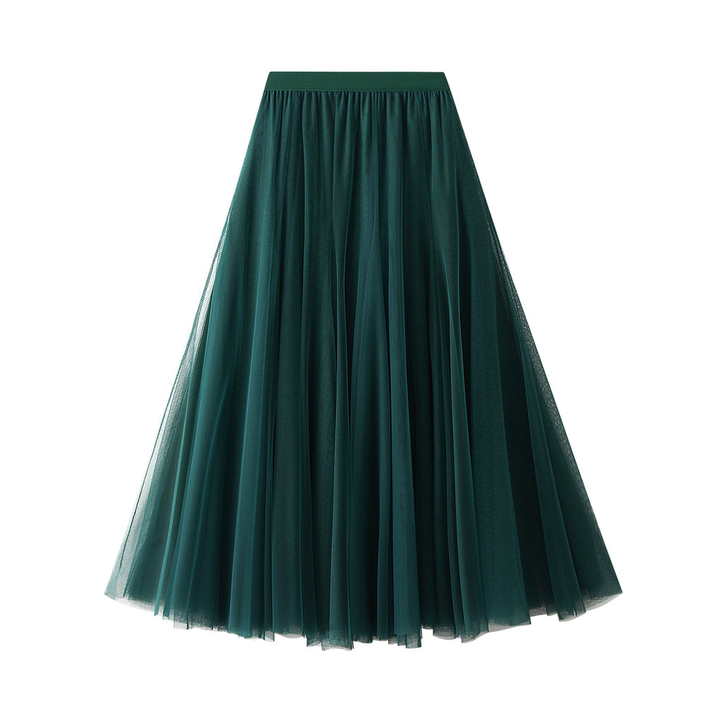 Dark green tulle pleated skirt with high elastic waistband, mid-length flare