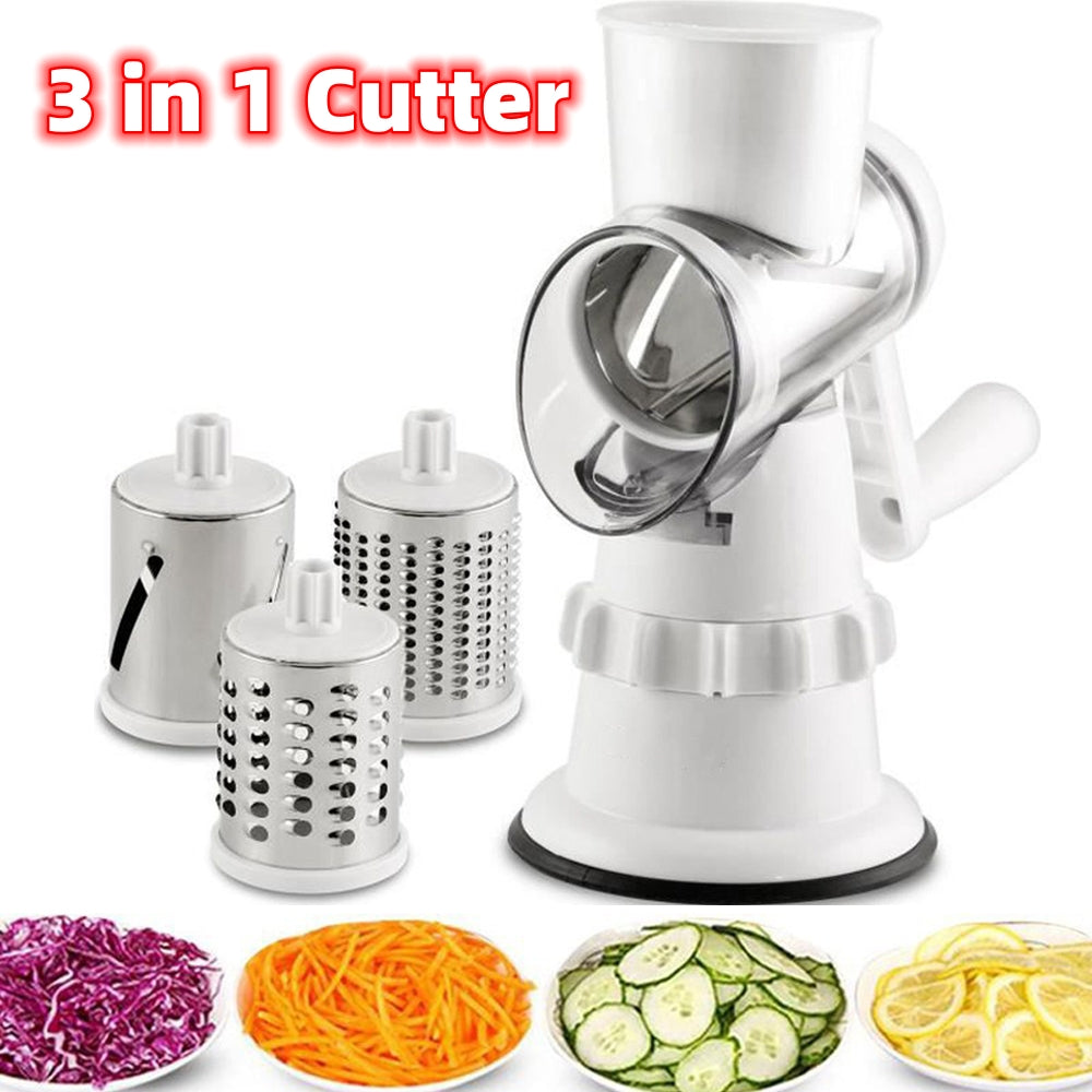 3-in-1 manual vegetable slicer with three white grater drums