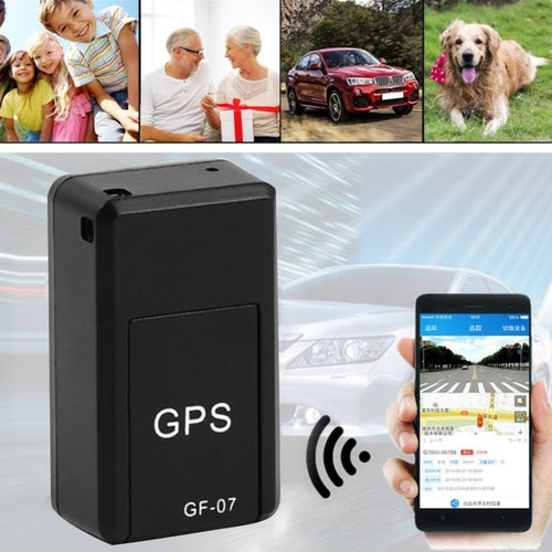 Mini GPS tracker device with GPS text and wireless icon, shown with phone