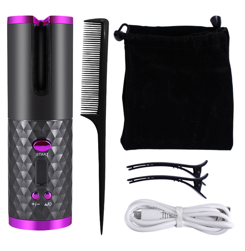 Automatic hair curler kit, gray/pink device with comb, clips, power cable, and pouch