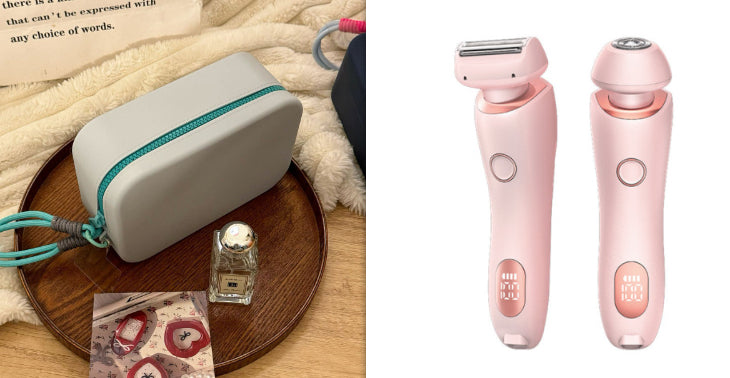 Electric hair trimmer with foil shaving head and light blue body, with beige travel pouch