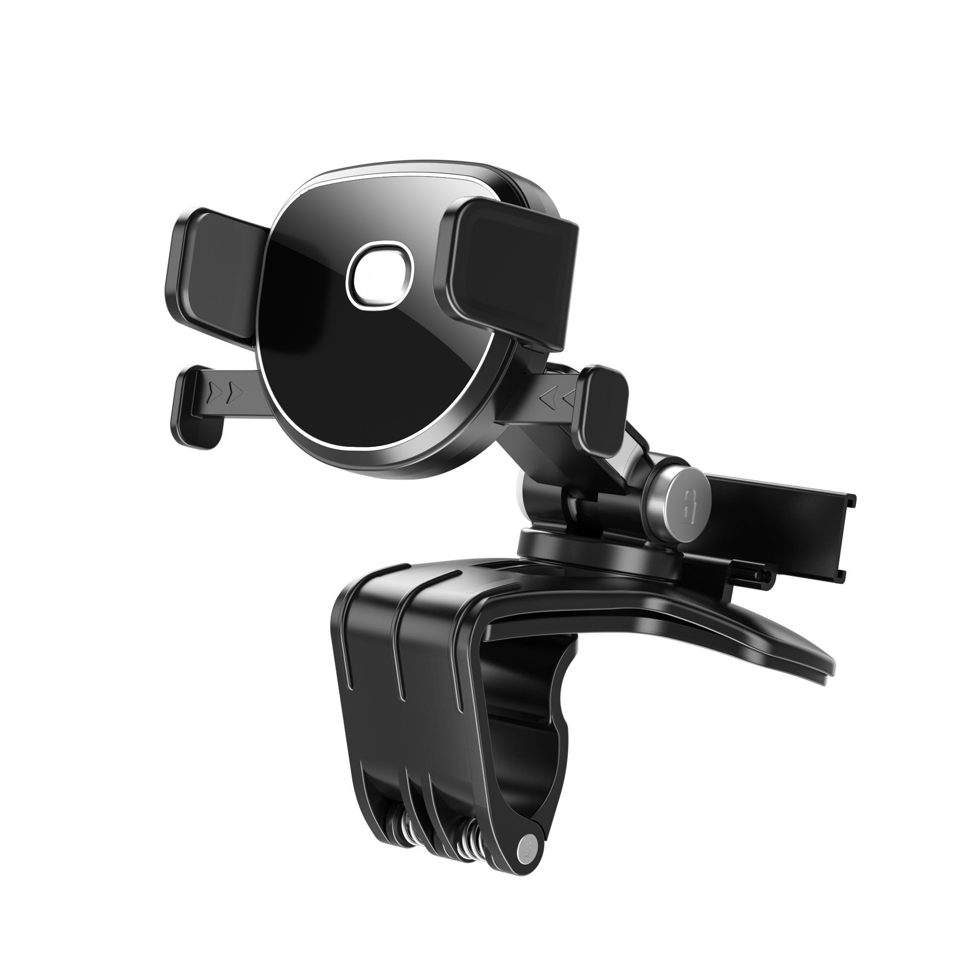 Black adjustable car phone holder with curved mount plate and side clamp arms.