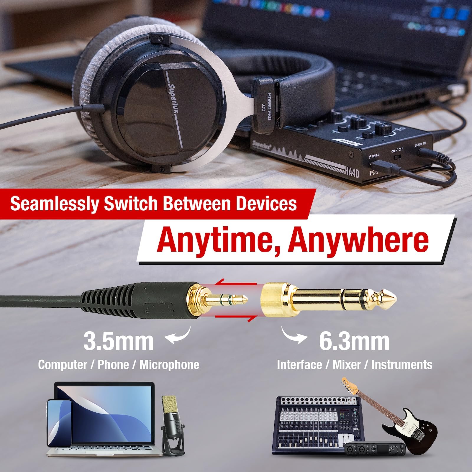 سوبرلوكس HD 660PRO، 32 أوم، سماعات رأس تسجيل استوديو سلكية، سماعة رأس احترافية مغلقة مع محركات نيوديميوم 40 مم وباس قوي، محول جاك 3.5/6.3 مم للأجهزة اللوحية، الحواسيب المحمولة، والكمبيوترات