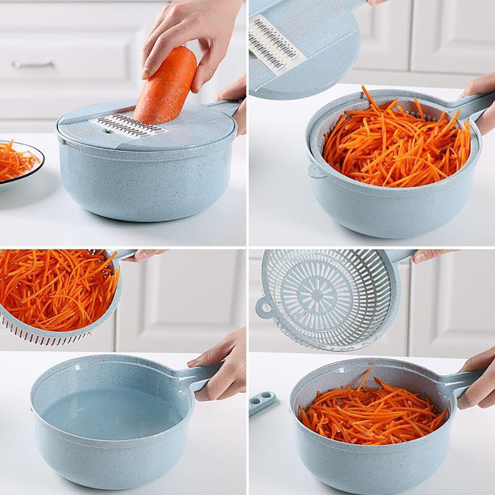 Mandoline slicer cutting carrot into thin strips in the bowl with grating plate.