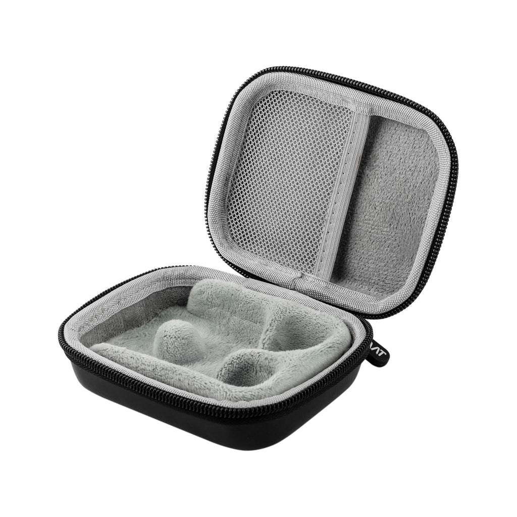 Gray zipper earbud case with textured mesh insert and soft gray interior compartments