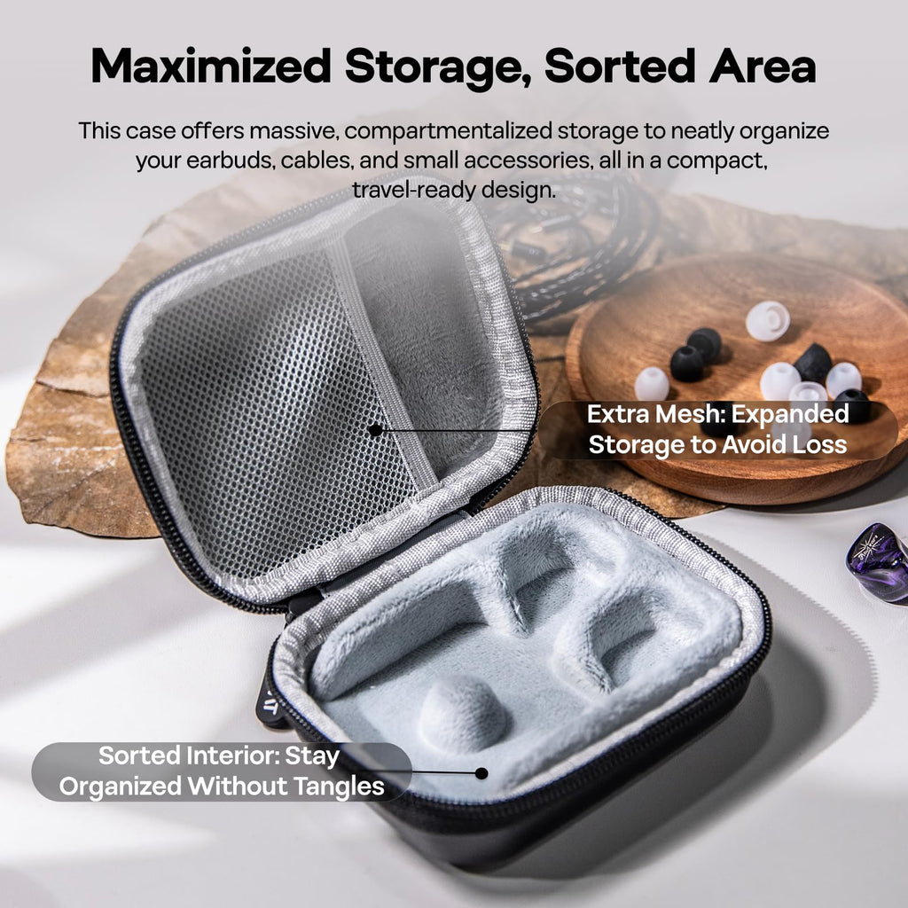 Brown leather IEM earbud storage case with zip and mesh organizer insert