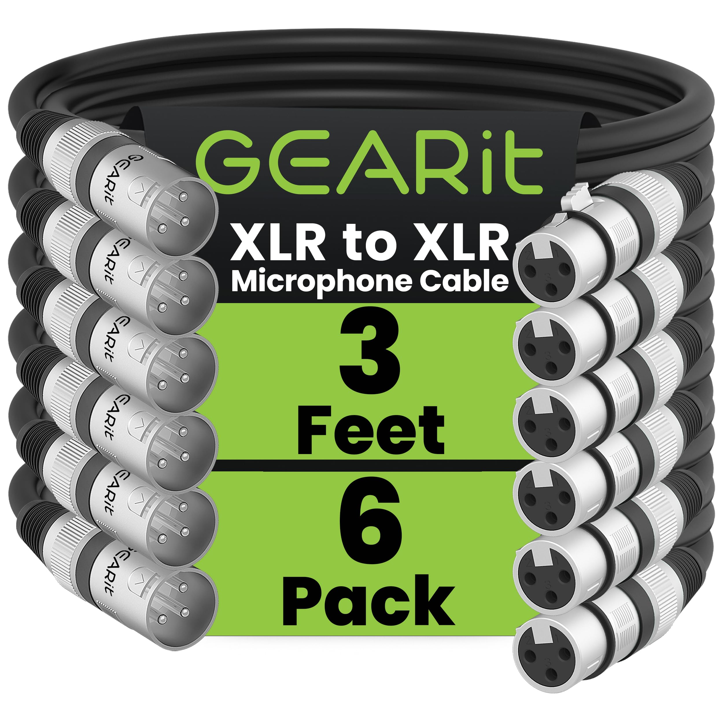 GEARit XLR Cables 20 ft 6 Pack, XLR Male to Female Microphone Cable, Balanced Shielded Mic Cable with Copper Conductors for Recording Studio, Podcast Setup, Stage Audio, Live Sound