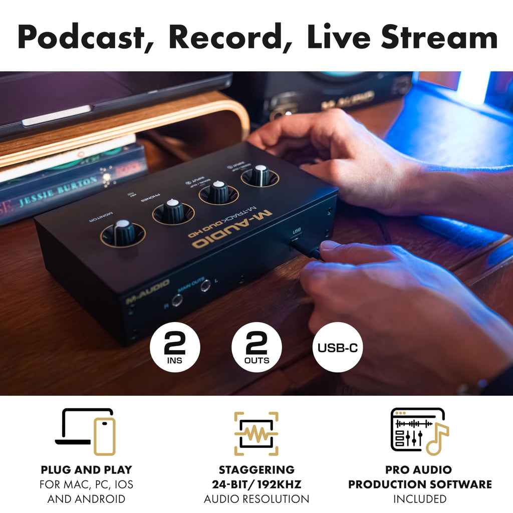 M-AUDIO M-Track Duo USB Audio Interface zum Aufnehmen, Streamen und Podcasting mit zwei XLR-, Line- und DI-Eingängen sowie einer Software-Suite