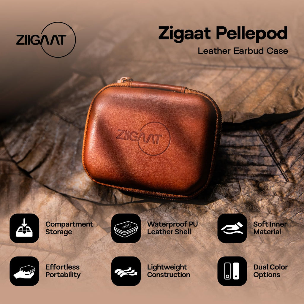 Brown leather earbud case with zipper and embossed brand logo on front