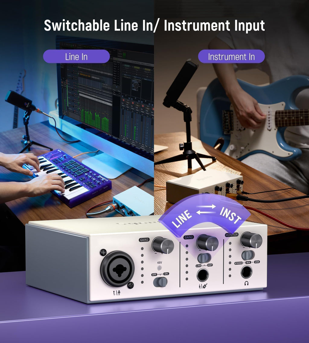 Synido USB C Audio Interface for Recording Music, Streaming, Podcasting with XLR, Line Input, 24bit/48kHz, 48V Phantom Power, 2-channel, Silver