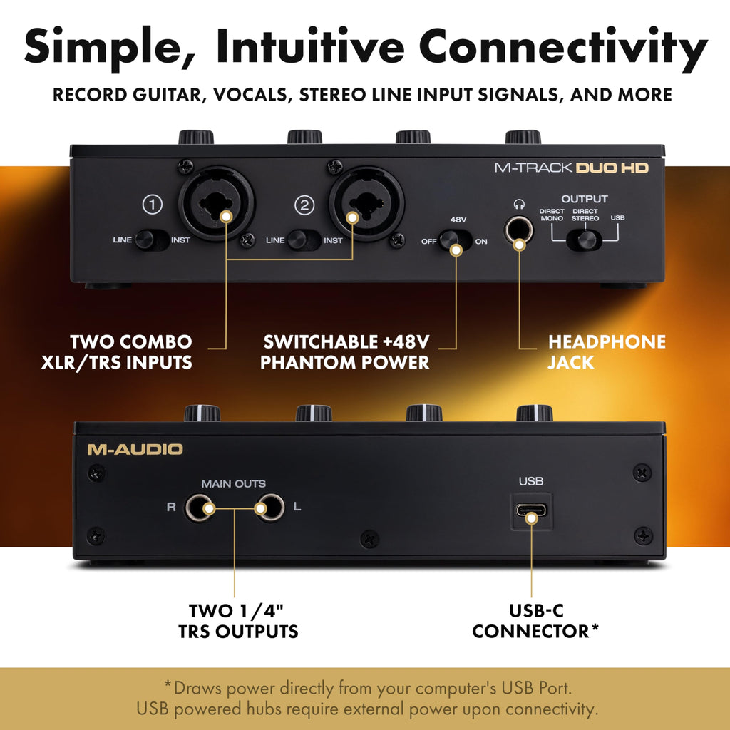 M-AUDIO M-Track Duo USB Audio Interface zum Aufnehmen, Streamen und Podcasting mit zwei XLR-, Line- und DI-Eingängen sowie einer Software-Suite