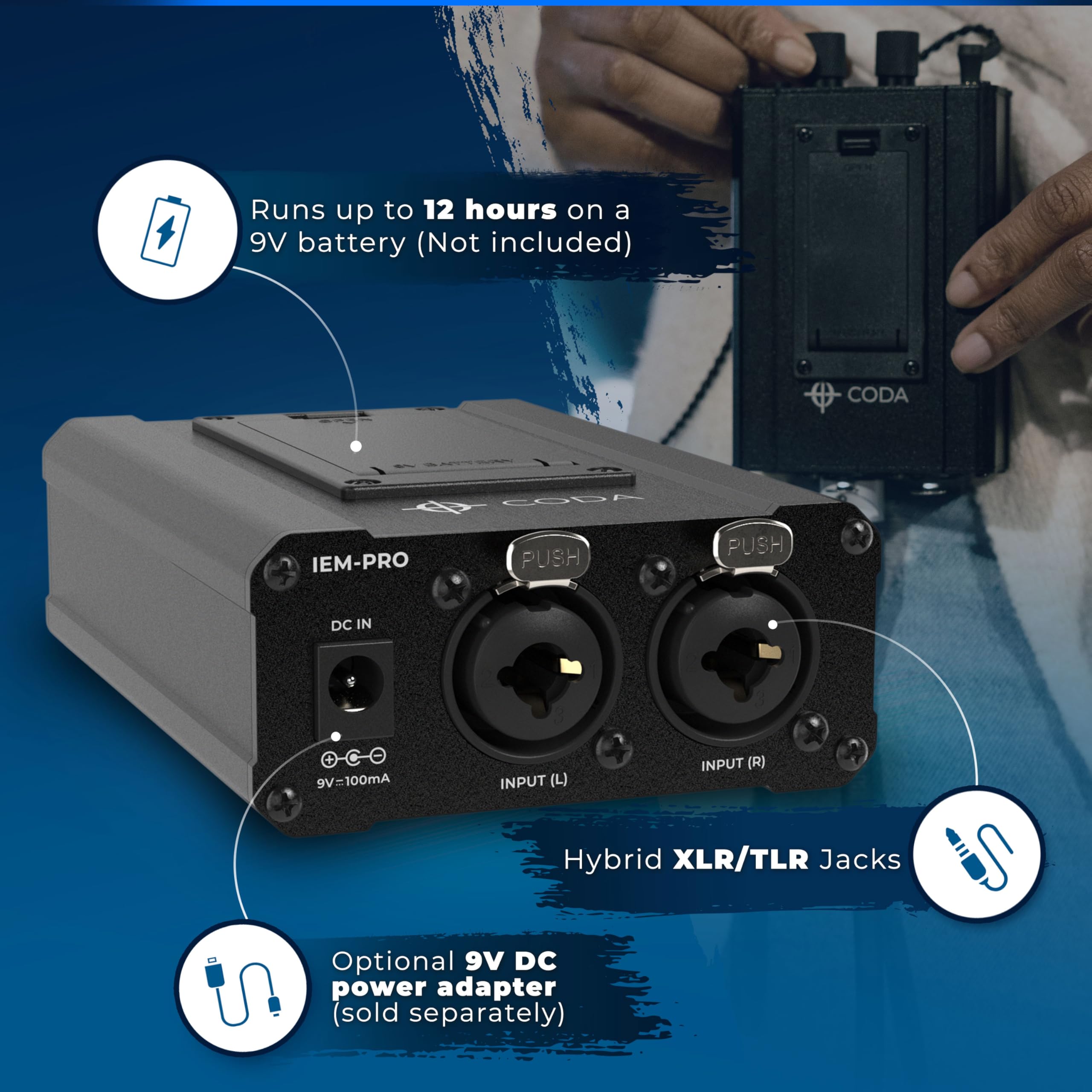 Coda Ultra-Compact Personal in Ear Monitor Amplifier - Double Channel Headphone Amplifier System with XLR & TRS Input - Portable IEM Amp with Mono & Stereo Mix Panning - Sturdy Housing with Belt Clip