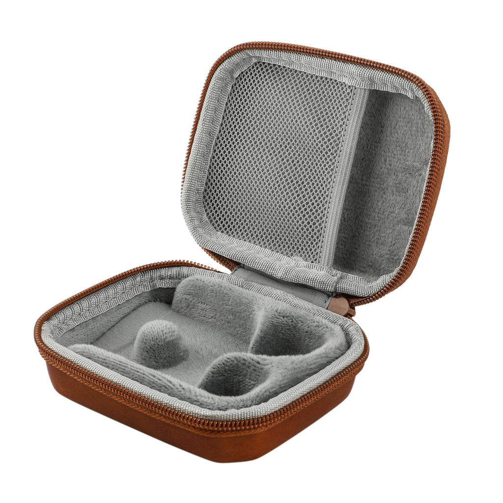Brown leather earbud case with zipper, open top, gray inner compartments and mesh panel