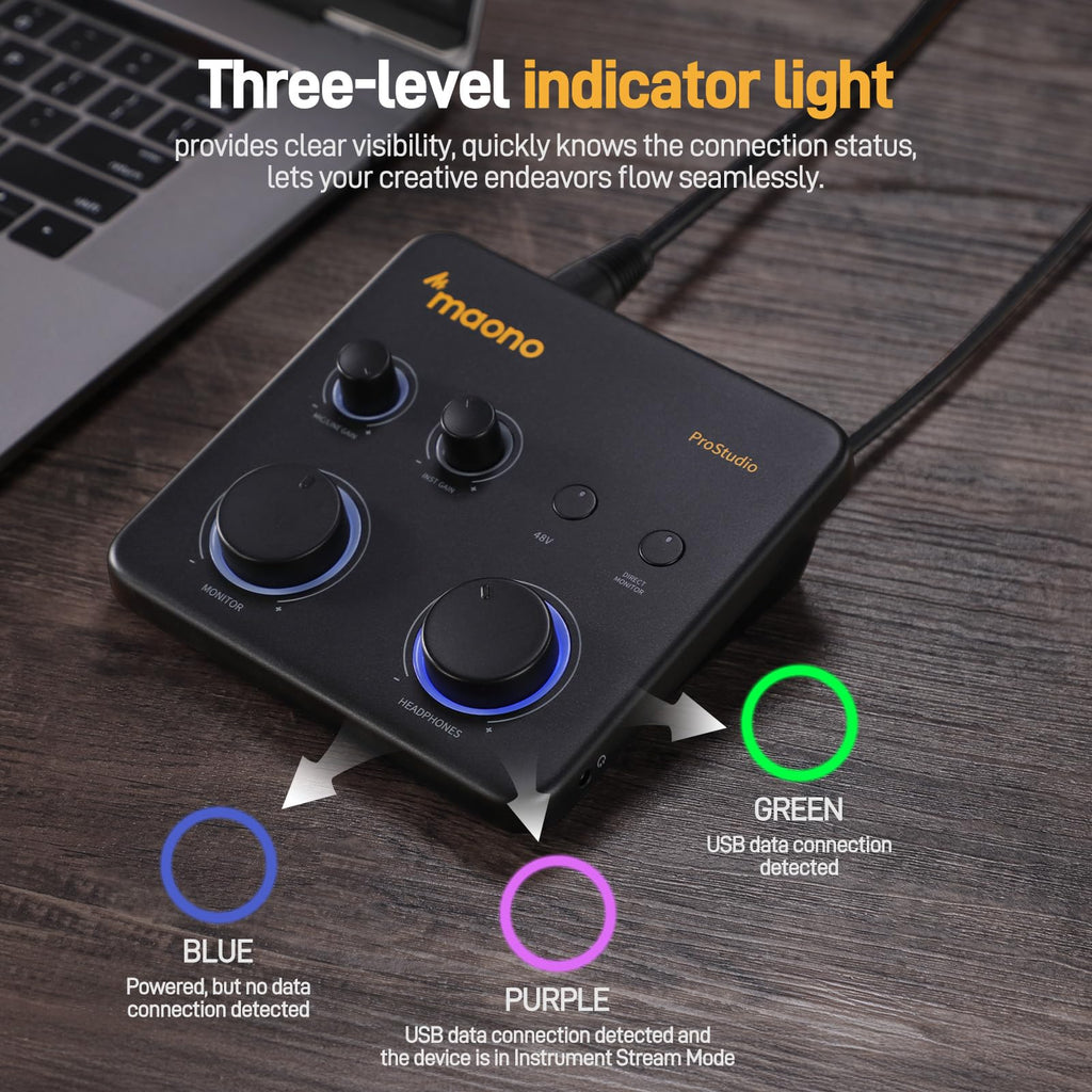 MAONO USB音频接口适用于PC：带XLR输入、24位/192kHz路由软件、LOOPBACK、ASIO驱动，适用于录音、家庭工作室、吉他、播客、直播、DAW（PS22 Lite 黑）
