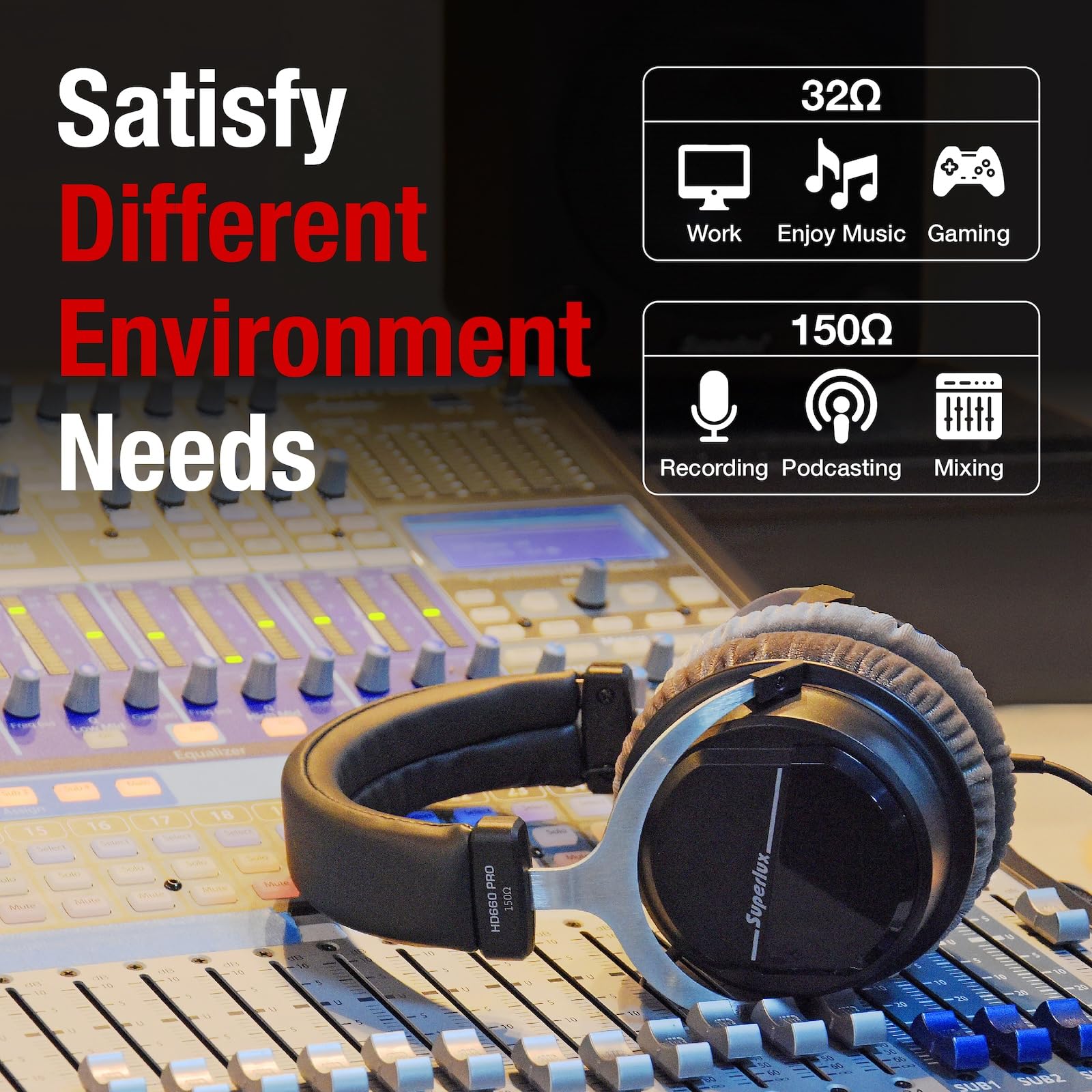 سوبرلوكس HD 660PRO، 32 أوم، سماعات رأس تسجيل استوديو سلكية، سماعة رأس احترافية مغلقة مع محركات نيوديميوم 40 مم وباس قوي، محول جاك 3.5/6.3 مم للأجهزة اللوحية، الحواسيب المحمولة، والكمبيوترات