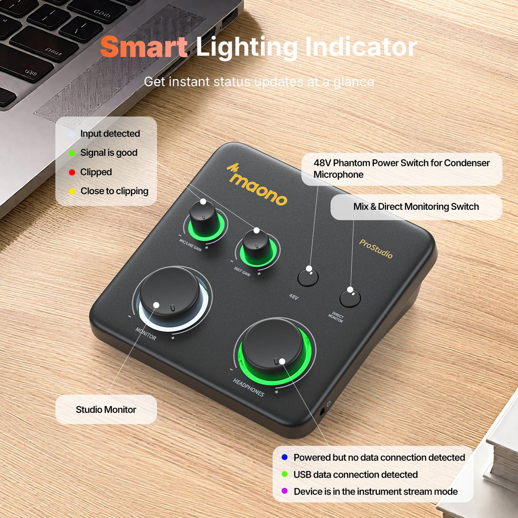 MAONO USB音频接口适用于PC：带XLR输入、24位/192kHz路由软件、LOOPBACK、ASIO驱动，适用于录音、家庭工作室、吉他、播客、直播、DAW（PS22 Lite 黑）