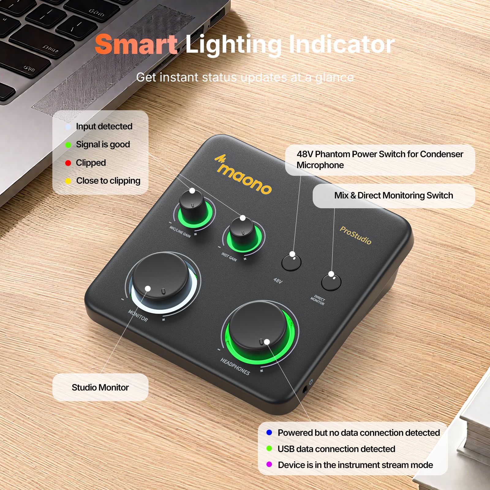 MAONO USB音频接口适用于PC：带XLR输入、24位/192kHz路由软件、LOOPBACK、ASIO驱动，适用于录音、家庭工作室、吉他、播客、直播、DAW（PS22 Lite 黑）