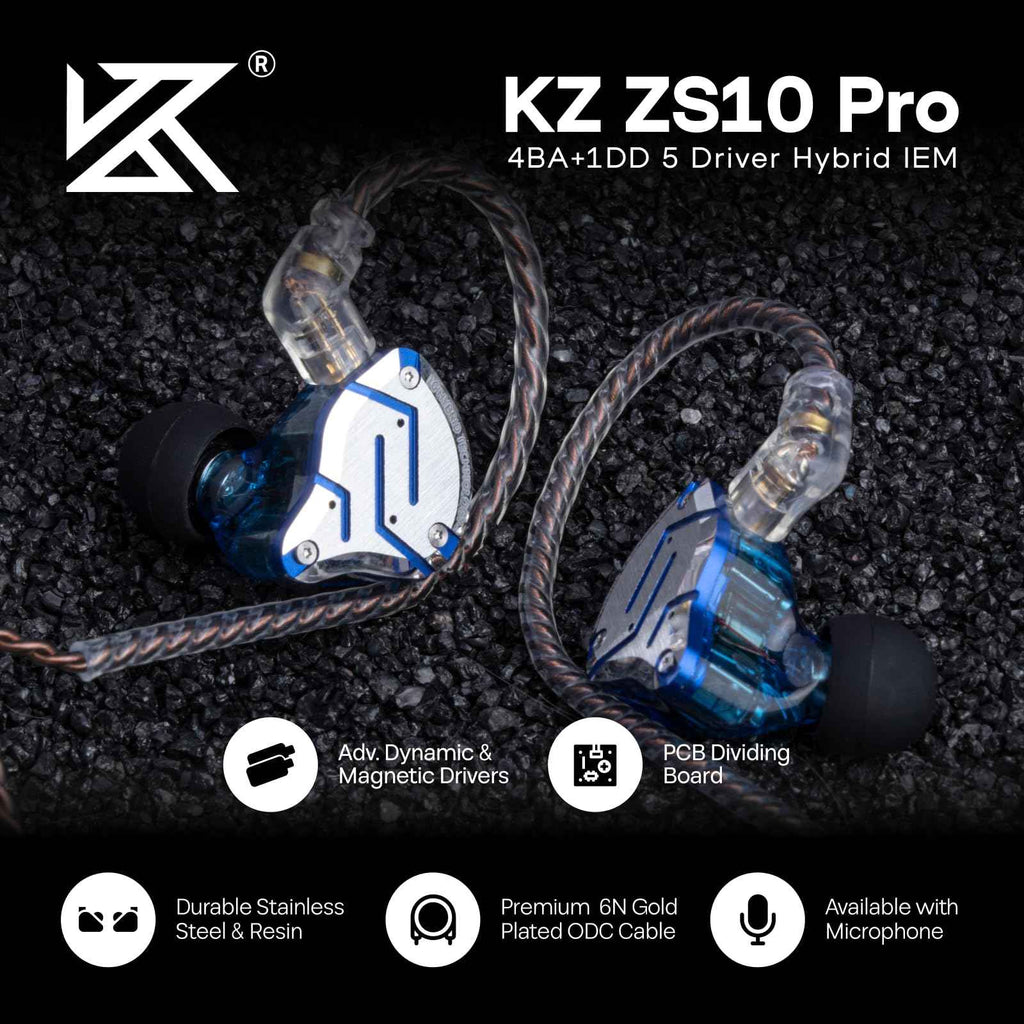 Linsoul KZ ZS10 Pro, 4BA+1DD 5 Driver in Ear Monitor, HiFi Wired Earbuds, Gaming Earbuds, Hybrid IEM Earphones with Stainless Steel Faceplate, Detachable Cable for Musician(Without Mic, Dark Black)