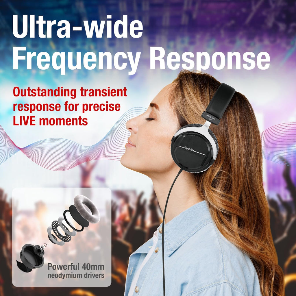 سوبرلوكس HD 660PRO، 32 أوم، سماعات رأس تسجيل استوديو سلكية، سماعة رأس احترافية مغلقة مع محركات نيوديميوم 40 مم وباس قوي، محول جاك 3.5/6.3 مم للأجهزة اللوحية، الحواسيب المحمولة، والكمبيوترات