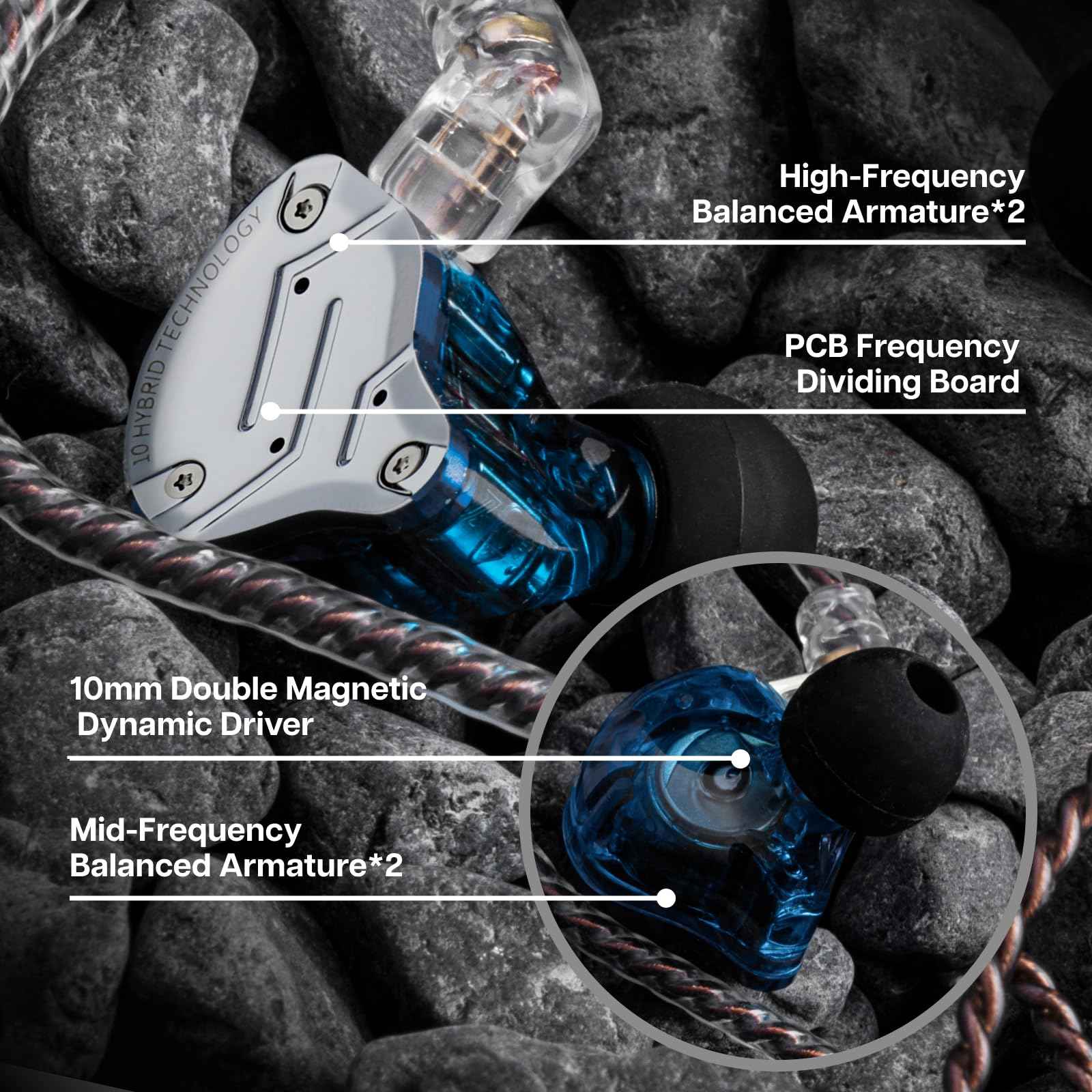 Linsoul KZ ZS10 Pro, 4BA+1DD 5 Driver in Ear Monitor, HiFi Wired Earbuds, Gaming Earbuds, Hybrid IEM Earphones with Stainless Steel Faceplate, Detachable Cable for Musician(Without Mic, Dark Black)