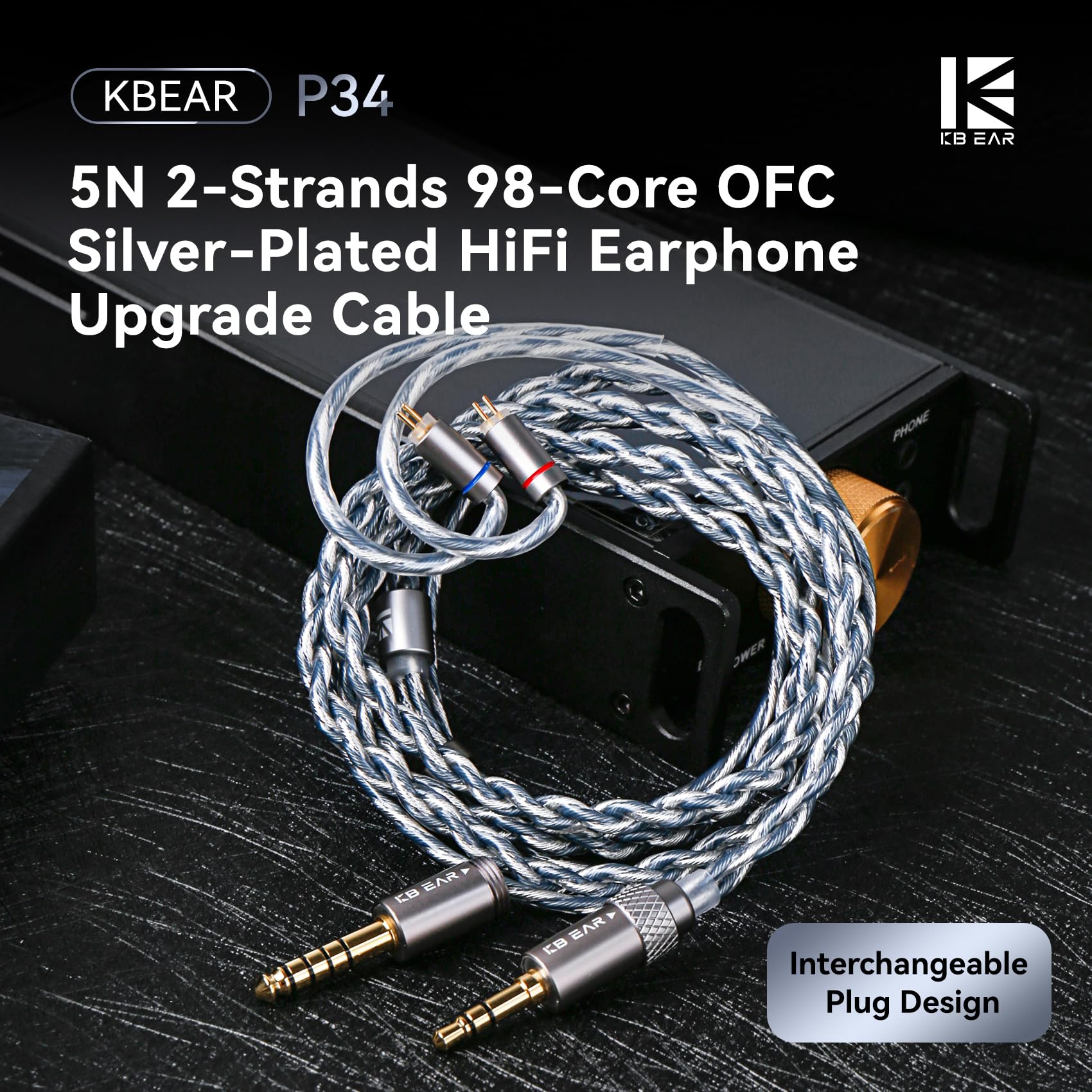 KBEAR P34 IEM Cable, 5N 2-Strands 98-Core OFC Silver-Plated HiFi Earphone Upgrade 2Pin Cable, Interchangeable 3.5mm/4.4mm Plug, in Ear Monitors Headphones Replacement Wire for Audiophile Musician